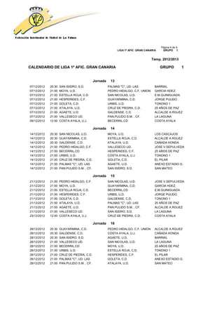 Página 4 de 9
                                                             LIGA 1ª AFIC. GRAN CANARIA    GRUPO 1


                                                                                    Temp. 2012/2013

CALENDARIO DE LIGA 1ª AFIC. GRAN CANARIA                                                  GRUPO           1


                                             Jornada    13
07/12/2012   20:30   SAN ISIDRO, S.D.                  PALMAS "C", UD. LAS            BARRIAL
07/12/2012   21:00   MOYA, U.D.                        PEDRO HIDALGO, C.F. UNION      GARCIA HDEZ.
07/12/2012   21:00   ESTELLA ROJA, C.D.                SAN NICOLAS, U.D.              E.M.GUINIGUADA
07/12/2012   21:00   HESPERIDES, C.F.                  GUAYARMINA, C.D.               JORGE PULIDO
07/12/2012   21:00   GOLETA, C.D.                      URBIS, U.D.                    TONONO 1
07/12/2012   21:00   ATALAYA, U.D.                     CRUZ DE PIEDRA, C.D.           25 AÑOS DE PAZ
07/12/2012   21:00   AGAETE, U.D.                      GALDENSE, C.D.                 ALCALDE A.RGUEZ
07/12/2012   21:00   VALLESECO UD.                     PAN.PULIDO S.M. , CF.          LA LAGUNA
09/12/2012   12:00   COSTA AYALA, U.J.                 BECERRIL,CD                    COSTA AYALA

                                             Jornada    14
14/12/2012   20:30   SAN NICOLAS, U.D.                 MOYA, U.D.                     LOS CASCAJOS
14/12/2012   20:30   GUAYARMINA, C.D.                  ESTELLA ROJA, C.D.             ALCALDE A.RGUEZ
14/12/2012   20:30   GALDENSE, C.D.                    ATALAYA, U.D.                  CAÑADA HONDA
14/12/2012   21:00   PEDRO HIDALGO, C.F.               VALLESECO UD.                  JOSE V.SEPULVEDA
14/12/2012   21:00   BECERRIL,CD                       HESPERIDES, C.F.               25 AÑOS DE PAZ
14/12/2012   21:00   URBIS, U.D.                       COSTA AYALA, U.J.              TONONO 1
14/12/2012   21:00   CRUZ DE PIEDRA, C.D.              GOLETA, C.D.                   EL PILAR
14/12/2012   21:00   PALMAS "C", UD. LAS               AGAETE, U.D.                   ANEXO ESTADIO G.
14/12/2012   21:00   PAN.PULIDO S.M. , CF.             SAN ISIDRO, S.D.               SAN MATEO

                                             Jornada    15
21/12/2012   21:00   PEDRO HIDALGO, C.F.               SAN NICOLAS, U.D.              JOSE V.SEPULVEDA
21/12/2012   21:00   MOYA, U.D.                        GUAYARMINA, C.D.               GARCIA HDEZ.
21/12/2012   21:00   ESTELLA ROJA, C.D.                BECERRIL,CD                    E.M.GUINIGUADA
21/12/2012   21:00   HESPERIDES, C.F.                  URBIS, U.D.                    JORGE PULIDO
21/12/2012   21:00   GOLETA, C.D.                      GALDENSE, C.D.                 TONONO 1
21/12/2012   21:00   ATALAYA, U.D.                     PALMAS "C", UD. LAS            25 AÑOS DE PAZ
21/12/2012   21:00   AGAETE, U.D.                      PAN.PULIDO S.M. , CF.          ALCALDE A.RGUEZ
21/12/2012   21:00   VALLESECO UD.                     SAN ISIDRO, S.D.               LA LAGUNA
23/12/2012   12:00   COSTA AYALA, U.J.                 CRUZ DE PIEDRA, C.D.           COSTA AYALA

                                             Jornada    16
28/12/2012   20:30   GUAYARMINA, C.D.                  PEDRO HIDALGO, C.F. UNION      ALCALDE A.RGUEZ
28/12/2012   20:30   GALDENSE, C.D.                    COSTA AYALA, U.J.              CAÑADA HONDA
28/12/2012   20:30   SAN ISIDRO, S.D.                  AGAETE, U.D.                   BARRIAL
28/12/2012   21:00   VALLESECO UD.                     SAN NICOLAS, U.D.              LA LAGUNA
28/12/2012   21:00   BECERRIL,CD                       MOYA, U.D.                     25 AÑOS DE PAZ
28/12/2012   21:00   URBIS, U.D.                       ESTELLA ROJA, C.D.             TONONO 1
28/12/2012   21:00   CRUZ DE PIEDRA, C.D.              HESPERIDES, C.F.               EL PILAR
28/12/2012   21:00   PALMAS "C", UD. LAS               GOLETA, C.D.                   ANEXO ESTADIO G.
28/12/2012   21:00   PAN.PULIDO S.M. , CF.             ATALAYA, U.D.                  SAN MATEO
 