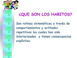 ¿QUE SON LOS HABITOS?

Son rutinas sistemáticas a través de
comportamientos y actitudes
repetitivas las cuales han sido
interiorizadas y tienen consecuencias
explícitas.
 