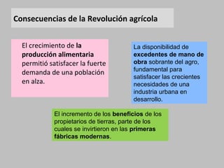 Consecuencias de la Revolución agrícola 
El crecimiento de la 
producción alimentaria 
permitió satisfacer la fuerte 
demanda de una población 
en alza. 
La disponibilidad de 
excedentes de mano de 
obra sobrante del agro, 
fundamental para 
satisfacer las crecientes 
necesidades de una 
industria urbana en 
desarrollo. 
El incremento de los beneficios de los 
propietarios de tierras, parte de los 
cuales se invirtieron en las primeras 
fábricas modernas. 
 