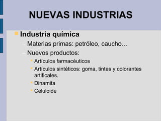 NUEVAS INDUSTRIAS
 Industria química
– Materias primas: petróleo, caucho…
– Nuevos productos:
 Artículos farmacéuticos
 Artículos sintéticos: goma, tintes y colorantes
artificales.
 Dinamita
 Celuloide
 