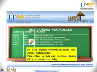 En  este  espacio encontraras todos  tus  cursos  matriculados. Para entrar  a cada uno  ingresas  dando clic a  su  respectivo código 