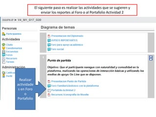 El siguiente paso es realizar las actividades que se sugieren y enviar los reportes al Foro o al Portafolio Actividad 2Realizar actividades en Foro o Portafolio