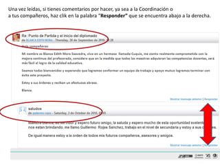 Una vez leídas, si tienes comentarios por hacer, ya sea a la Coordinación o a tus compañeros, haz clik en la palabra “Responder” que se encuentra abajo a la derecha.