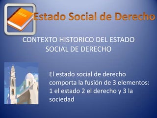 CONTEXTO HISTORICO DEL ESTADO SOCIAL DE DERECHO El estado social de derecho comporta la fusión de 3 elementos: 1 el estado 2 el derecho y 3 la sociedad 