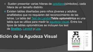  Suelen presentar varias hileras de optotipos(símbolos), cada 
hilera de un tamaño distinto. 
 Existen tablas diseñadas para niños jóvenes y adultos 
analfabetos que no requieren del reconocimiento de las 
letras. La tabla del Test de LandoltTabla optométrica es una 
tabla que se utiliza para medir la agudeza visual. Entre los 
tipos de tablas optométricas se incluyen los test 
de Snellen, Landolt y Lea. 
Medición de la Agudeza Visual 
 