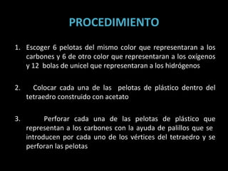 PROCEDIMIENTO Escoger 6 pelotas del mismo color que representaran a los carbones y 6 de otro color que representaran a los oxígenos y 12  bolas de unicel que representaran a los hidrógenos  2.  Colocar cada una de las  pelotas de plástico dentro del tetraedro construido con acetato 3.  Perforar cada una de las pelotas de plástico que representan a los carbones con la ayuda de palillos que se  introducen por cada uno de los vértices del tetraedro y se perforan las pelotas  