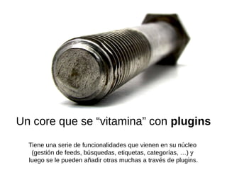 Un core que se “vitamina” con plugins
Tiene una serie de funcionalidades que vienen en su núcleo
(gestión de feeds, búsquedas, etiquetas, categorías, …) y
luego se le pueden añadir otras muchas a través de plugins.
 