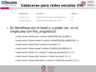 Cabeceras para redes sociales (IV)
●
En WordPress (en el head y, a poder ser, en el
single.php con if(is_singular())):
<meta name="twitter:site" content="@TWITTER_DE_LA_WEB" />
<meta name="twitter:creator" content="@TWITTER_DEL_REDACTOR" />
<meta name="twitter:card" content="summary" />
<meta name="twitter:image" content="CODIGO_DE_IMAGEN" />
<meta name="twitter:url" content="<?php get_permalink(); ?>" />
<meta name="twitter:title" content="<?php the_title(); ?>" />
<meta name="twitter:description" content="<?php the_excerpt(); ?>" />
 
