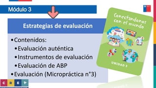 Módulo 3
Estrategias de evaluación
•Contenidos:
•Evaluación auténtica
•Instrumentos de evaluación
•Evaluación de ABP
•Evaluación (Micropráctica n°3)
 