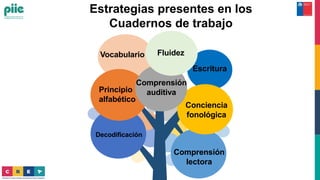 Estrategias presentes en los
Cuadernos de trabajo
Comprensión
auditiva
Principio
alfabético
Decodificación
Escritura
Conciencia
fonológica
Vocabulario
Comprensión
lectora
Fluidez
 