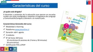 Características del curso
¿A quién está dirigido?
A docentes y asistentes de la educación que ejercen en escuelas
rurales con aulas multigrado e imparten la asignatura de Lenguaje
y Comunicación/Lengua y Literatura en nuestro país.
Características Generales del curso:
 Modalidad: e-learning
 Plataforma www.piieonline.cl
 Duración: abril- agosto
 3 módulos
 N° de horas: 60 horas
10 sincrónicas (4 sesiones de 2 horas y 30 minutos)
50 asincrónicas
 Certificación PIIE y CPEIP
 
