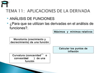  ANÁLISIS DE FUNCIONES
 ¿Para que se utilizan las derivadas en el análisis de
funciones?.
Máximos y mínimos relativos
Monotonía (crecimiento y
decrecimiento) de una función
Calcular los puntos de
inflexión
Curvatura (concavidad o
convexidad ) de una
función
∪
∩
 