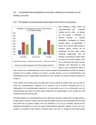 6.2      Comportamientos adoptados por los niños, influidos por la relación con su
familia y con otros


6.2.1 Principales comportamientos observados en los niños en la escuela.

                                                                Para identificar cuáles fueron las
      FIGURA 4. Comportamientos que el niño imita de
                                                                comportamientos     más         evidentes
                  su contexto familiar
                                                                imitados por los niños         en relación
80%
                                                                con sus padres o familiares, se
70%
                                                                observa      durante      la      práctica
60%
50%                                                             pedagógica investigativa en básica

40%                                                             primaria, siendo    la agresividad      a

30%                                                             través de la cual se logra analizar y

20%                                                             entender porque muchos de los

10%                                                             estudiantes de este grado tienen
0%                                                              conductas    inadecuadas        ante   las
           agresidad       introvertido        sociable         diversas circunstancias (véase diario
                                                                de campo de Claudia Clavijo); junto
  padres de primero    docentes preescolar   docentes primero
                                                                con la indisciplina que fueron los dos
  fuente: Encuesta realizada el dia 08 de agosto del 2012       aspectos más relevantes en este
                                                                grupo y que al profundizar sobre la
vida de estos en la contextualización junto con las encuestas correspondientes a padres de familia y
docentes de los grados transición y/o primero, se logra observar que las comportamientos más
sobresalientes fueron la agresividad, introversión y el ser sociable, las cuales se pueden observar en
la figura 4.

Como análisis de la anterior figura se puede decir que los padres de familia creen que sus hijos no
imitan las comportamientos negativos de su contexto, por el contrario consideran que se ve
influenciados los comportamientos represivos y de bajo perfil como lo es la introversión; pero los
docentes tienen otra visión en cuanto a esto y expresan que la agresividad y el ser sociable son más
evidentes dentro del aula de clase.

Teniendo presente los comportamientos que se observaron durante la intervención en grado primero,
se logra concluir que las vivencias del niño fuera del colegio influyen en las comportamientos que este
tome dentro de los grupos sociales a los que pertenece y con los que comparte, algunos de los
estudiantes transmiten en el aula de clase comportamientos agresivos imitando lo que vive en su
contexto, de acuerdo a esto citamos a Bandura quien dice que “un modelo de alto status puede
 
