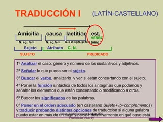 TRADUCCIÓN I                                   (LATÍN-CASTELLANO)


Amicitia        causa laetitiae est.
                                                 VERBO
 N. sg. fem     N. sg.fem   G. o D. sg/N. pl fem (sing.)

    Sujeto       Atributo     C. N.
  SUJETO                                   PREDICADO

1º Analizar el caso, género y número de los sustantivos y adjetivos.
2º Señalar lo que pueda ser el sujeto.
3º Buscar el verbo, analizarlo y ver si están concertando con el sujeto.
4º Poner la función sintáctica de todos los sintagmas que podamos y
señalar los elementos que están concertando o modificando a otros.
5º Buscar los significados de las palabras.
6º Poner en el orden adecuado (en castellano Sujeto+vb+complementos)
y traducir probando distintas opciones de traducción si alguna palabra
                      Belén Trobajo de la Matas. IES
puede estar en más de un caso y decidir definitivamente en qué caso está.
                               Francisco Asorey
 