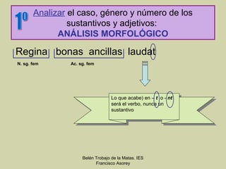 Analizar el caso, género y número de los
                sustantivos y adjetivos:
             ANÁLISIS MORFOLÓGICO

Regina bonas ancillas laudat
N. sg. fem      Ac. sg. fem




                                   Lo que acabe) en ––t t oo- -nt
                                    Lo que acabe) en            nt
                                   será el verbo, nunca un
                                    será el verbo, nunca un
                                   sustantivo
                                    sustantivo




                     Belén Trobajo de la Matas. IES
                           Francisco Asorey
 