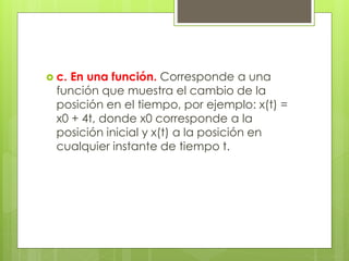  c. En una función. Corresponde a una
función que muestra el cambio de la
posición en el tiempo, por ejemplo: x(t) =
x0 + 4t, donde x0 corresponde a la
posición inicial y x(t) a la posición en
cualquier instante de tiempo t.
 