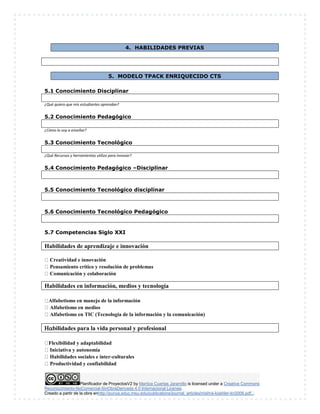4. HABILIDADES PREVIAS 
5. MODELO TPACK ENRIQUECIDO CTS 
5.1 Conocimiento Disciplinar 
¿Qué quiero que mis estudiantes aprendan? 
5.2 Conocimiento Pedagógico 
¿Cómo lo voy a enseñar? 
5.3 Conocimiento Tecnológico 
¿Qué Recursos y herramientas utilizo para innovar? 
5.4 Conocimiento Pedagógico –Disciplinar 
5.5 Conocimiento Tecnológico disciplinar 
5.6 Conocimiento Tecnológico Pedagógico 
5.7 Competencias Siglo XXI 
Habilidades de aprendizaje e innovación 
Creatividad e innovación 
Pensamiento crítico y resolución de problemas 
Comunicación y colaboración 
Habilidades en información, medios y tecnología 
 
Alfabetismo en manejo de la información 
Alfabetismo en medios 
Alfabetismo en TIC (Tecnología de la información y la comunicación) 
bilidades para la vida personal y profesional 
 
Flexibilidad y adaptabilidad 
Iniciativa y autonomía 
Habilidades sociales e inter-culturales 
Productividad y confiabilidad 
Planificador de ProyectosV2 by Maritza Cuartas Jaramillo is licensed under a Creative Commons 
Reconocimiento-NoComercial-SinObraDerivada 4.0 Internacional License. 
Creado a partir de la obra enhttp://punya.educ.msu.edu/publications/journal_articles/mishra-koehler-tcr2006.pdf... 
 