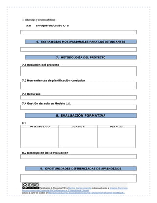 Liderazgo y responsabilidad 
5.8 Enfoque educativo CTS 
6. ESTRATEGIAS MOTIVACIONALES PARA LOS ESTUDIANTES 
7. METODOLOGÍA DEL PROYECTO 
7.1 Resumen del proyecto 
7.2 Herramientas de planificación curricular 
7.3 Recursos 
7.4 Gestión de aula en Modelo 1:1 
8. EVALUACIÓN FORMATIVA 
DIAGNOSTICO DURANTE DESPUES 
8.2 Descripción de la evaluación 
9. OPORTUNIDADES DIFERENCIADAS DE APRENDIZAJE 
Planificador de ProyectosV2 by Maritza Cuartas Jaramillo is licensed under a Creative Commons 
8.1 
Reconocimiento-NoComercial-SinObraDerivada 4.0 Internacional License. 
Creado a partir de la obra enhttp://punya.educ.msu.edu/publications/journal_articles/mishra-koehler-tcr2006.pdf... 
 