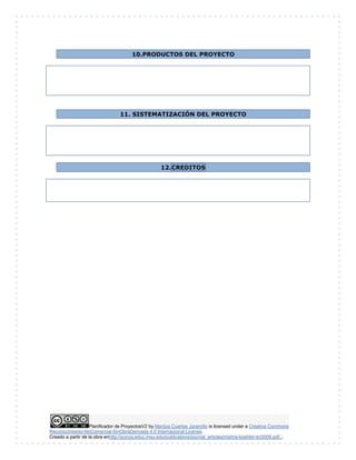 10. PRODUCTOS DEL PROYECTO 
11. SISTEMATIZACIÓN DEL PROYECTO 
12. CREDITOS 
Planificador de ProyectosV2 by Maritza Cuartas Jaramillo is licensed under a Creative Commons 
Reconocimiento-NoComercial-SinObraDerivada 4.0 Internacional License. 
Creado a partir de la obra enhttp://punya.educ.msu.edu/publications/journal_articles/mishra-koehler-tcr2006.pdf... 
