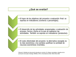 ¿Qué se evalúa?
Olivares S. Modelos de intervención educativa en nutrición. En: Bases, prioridades y desafíos de la
promoción de la salud. Santiago: MINSAL, INTA, Universidad de Chile, VIDA Chile; 2004.
 