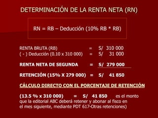 Cálculo de la Renta Neta (RN)
RN = Renta Bruta (RB) – 10% RB
INTERESES
RNi = S/ 76 000 – 7 600
RN = S/. 68 400
CESIÓN PATE...