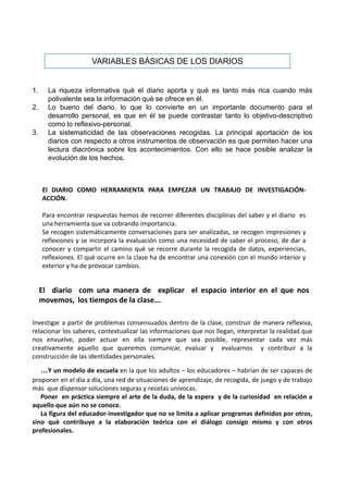 VARIABLES BÁSICAS DE LOS DIARIOS


1.     La riqueza informativa què el diario aporta y què es tanto más rica cuando más
       polivalente sea la información què se ofrece en él.
2.     Lo bueno del diario, lo que lo convierte en un importante documento para el
       desarrollo personal, es que en él se puede contrastar tanto lo objetivo-descriptivo
       como lo reflexivo-personal.
3.     La sistematicidad de las observaciones recogidas. La principal aportación de los
       diarios con respecto a otros instrumentos de observación es que permiten hacer una
       lectura diacrónica sobre los acontecimientos. Con ello se hace posible analizar la
       evolución de los hechos.



     El DIARIO COMO HERRAMIENTA PARA EMPEZAR UN TRABAJO DE INVESTIGACIÓN-
     ACCIÓN.

     Para encontrar respuestas hemos de recorrer diferentes disciplinas del saber y el diario es
     una herramienta que va cobrando importancia.
     Se recogen sistemáticamente conversaciones para ser analizadas, se recogen impresiones y
     reflexiones y se incorpora la evaluación como una necesidad de saber el proceso, de dar a
     conocer y compartir el camino què se recorre durante la recogida de datos, experiencias,
     reflexiones. El què ocurre en la clase ha de encontrar una conexión con el mundo interior y
     exterior y ha de provocar cambios.


     El diario com una manera de explicar el espacio interior en el que nos
     movemos, los tiempos de la clase...

Investigar a partir de problemas consensuados dentro de la clase, construir de manera reflexiva,
relacionar los saberes, contextualizar las informaciones que nos llegan, interpretar la realidad que
nos envuelve, poder actuar en ella siempre que sea posible, representar cada vez más
creativamente aquello que queremos comunicar, evaluar y evaluarnos y contribuir a la
construcción de las identidades personales.

     …Y un modelo de escuela en la que los adultos – los educadores – habrían de ser capaces de
proponer en el día a día, una red de situaciones de aprendizaje, de recogida, de juego y de trabajo
más que dispensar soluciones seguras y recetas unívocas.
   Poner en práctica siempre el arte de la duda, de la espera y de la curiosidad en relación a
aquello que aún no se conoce.
   La figura del educador-investigador que no se limita a aplicar programas definidos por otros,
sino què contribuye a la elaboración teórica con el diálogo consigo mismo y con otros
profesionales.
 