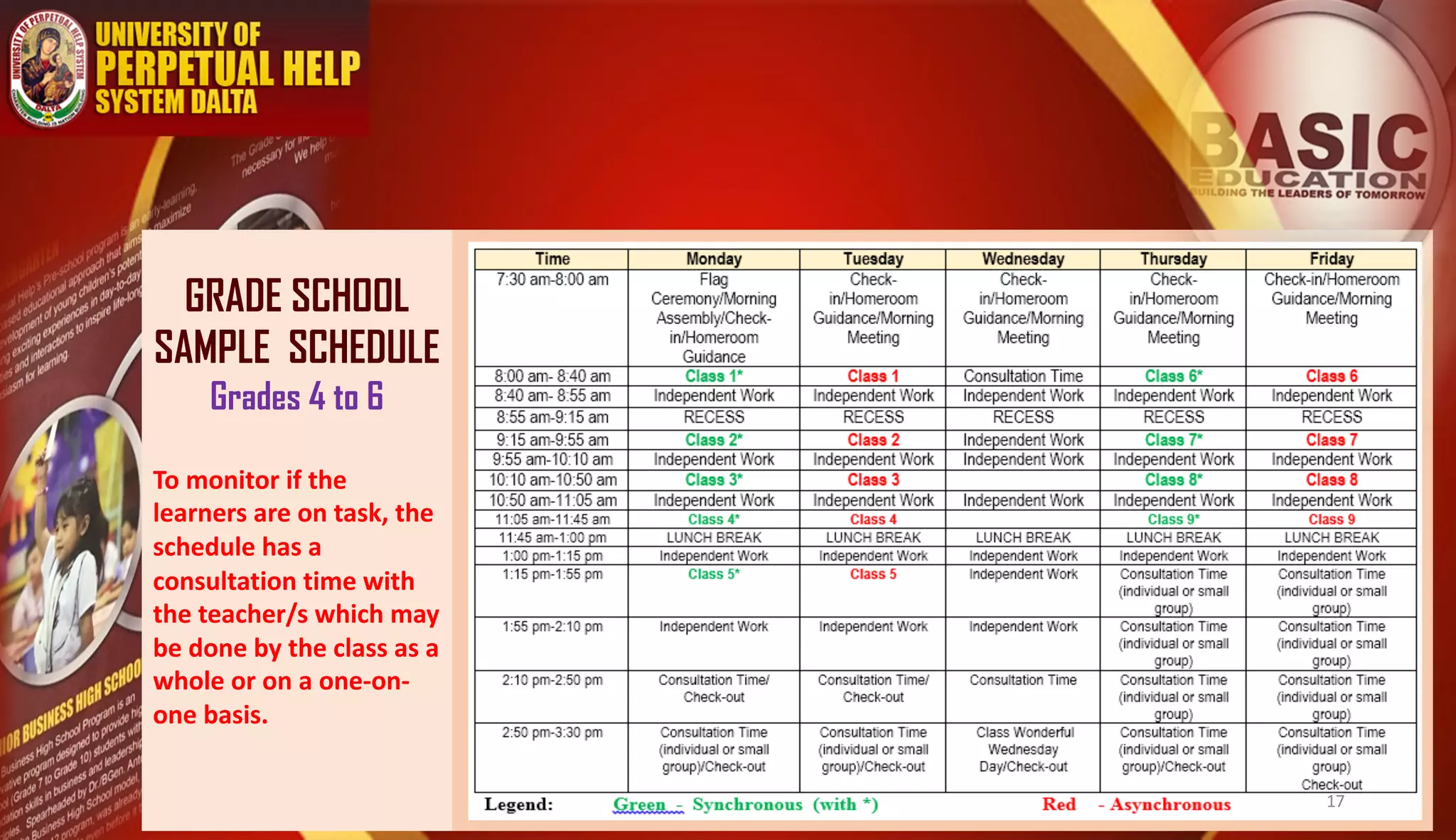 GRADE SCHOOL
SAMPLE SCHEDULE
Grades 4 to 6
To monitor if the
learners are on task, the
schedule has a
consultation time with
the teacher/s which may
be done by the class as a
whole or on a one-on-
one basis.
17
 