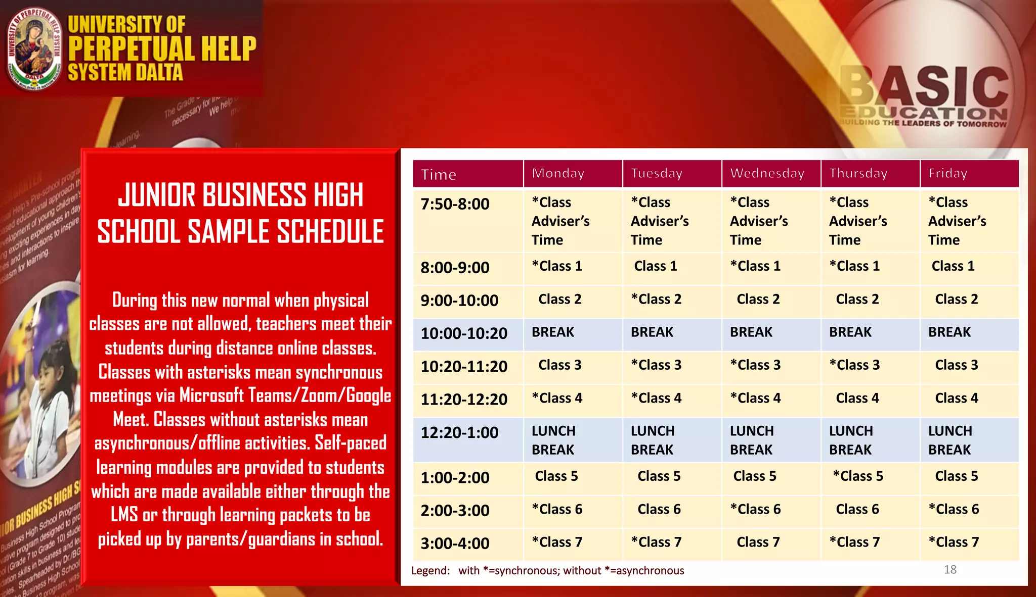 JUNIOR BUSINESS HIGH
SCHOOL SAMPLE SCHEDULE
During this new normal when physical
classes are not allowed, teachers meet their
students during distance online classes.
Classes with asterisks mean synchronous
meetings via Microsoft Teams/Zoom/Google
Meet. Classes without asterisks mean
asynchronous/offline activities. Self-paced
learning modules are provided to students
which are made available either through the
LMS or through learning packets to be
picked up by parents/guardians in school.
Legend: with *=synchronous; without *=asynchronous
7:50-8:00 *Class
Adviser’s
Time
*Class
Adviser’s
Time
*Class
Adviser’s
Time
*Class
Adviser’s
Time
*Class
Adviser’s
Time
8:00-9:00 *Class 1 Class 1 *Class 1 *Class 1 Class 1
9:00-10:00 Class 2 *Class 2 Class 2 Class 2 Class 2
10:00-10:20 BREAK BREAK BREAK BREAK BREAK
10:20-11:20 Class 3 *Class 3 *Class 3 *Class 3 Class 3
11:20-12:20 *Class 4 *Class 4 *Class 4 Class 4 Class 4
12:20-1:00 LUNCH
BREAK
LUNCH
BREAK
LUNCH
BREAK
LUNCH
BREAK
LUNCH
BREAK
1:00-2:00 Class 5 Class 5 Class 5 *Class 5 Class 5
2:00-3:00 *Class 6 Class 6 *Class 6 Class 6 *Class 6
3:00-4:00 *Class 7 *Class 7 Class 7 *Class 7 *Class 7
18
 