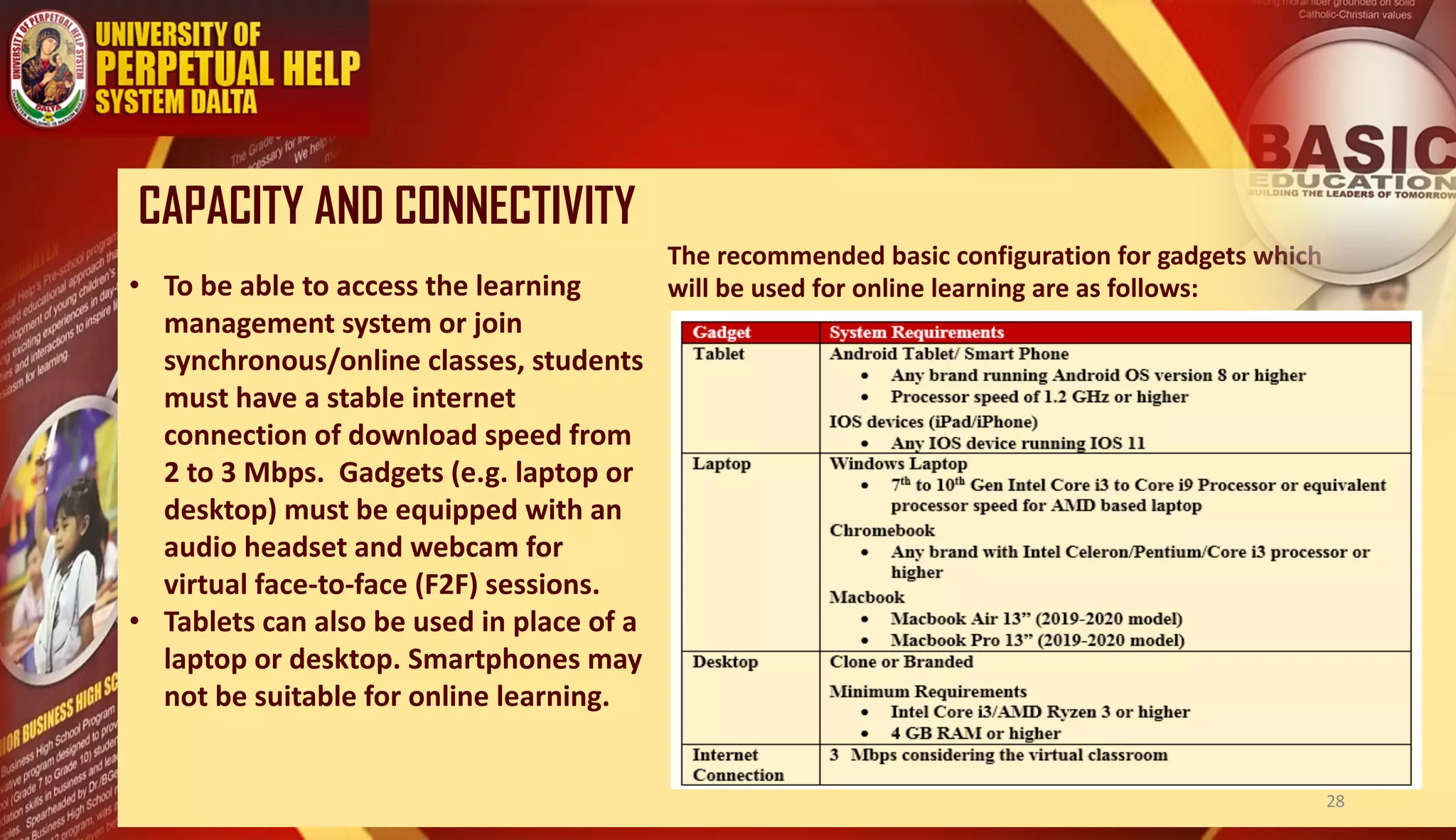 CAPACITY AND CONNECTIVITY
• To be able to access the learning
management system or join
synchronous/online classes, students
must have a stable internet
connection of download speed from
2 to 3 Mbps. Gadgets (e.g. laptop or
desktop) must be equipped with an
audio headset and webcam for
virtual face-to-face (F2F) sessions.
• Tablets can also be used in place of a
laptop or desktop. Smartphones may
not be suitable for online learning.
The recommended basic configuration for gadgets which
will be used for online learning are as follows:
28
 