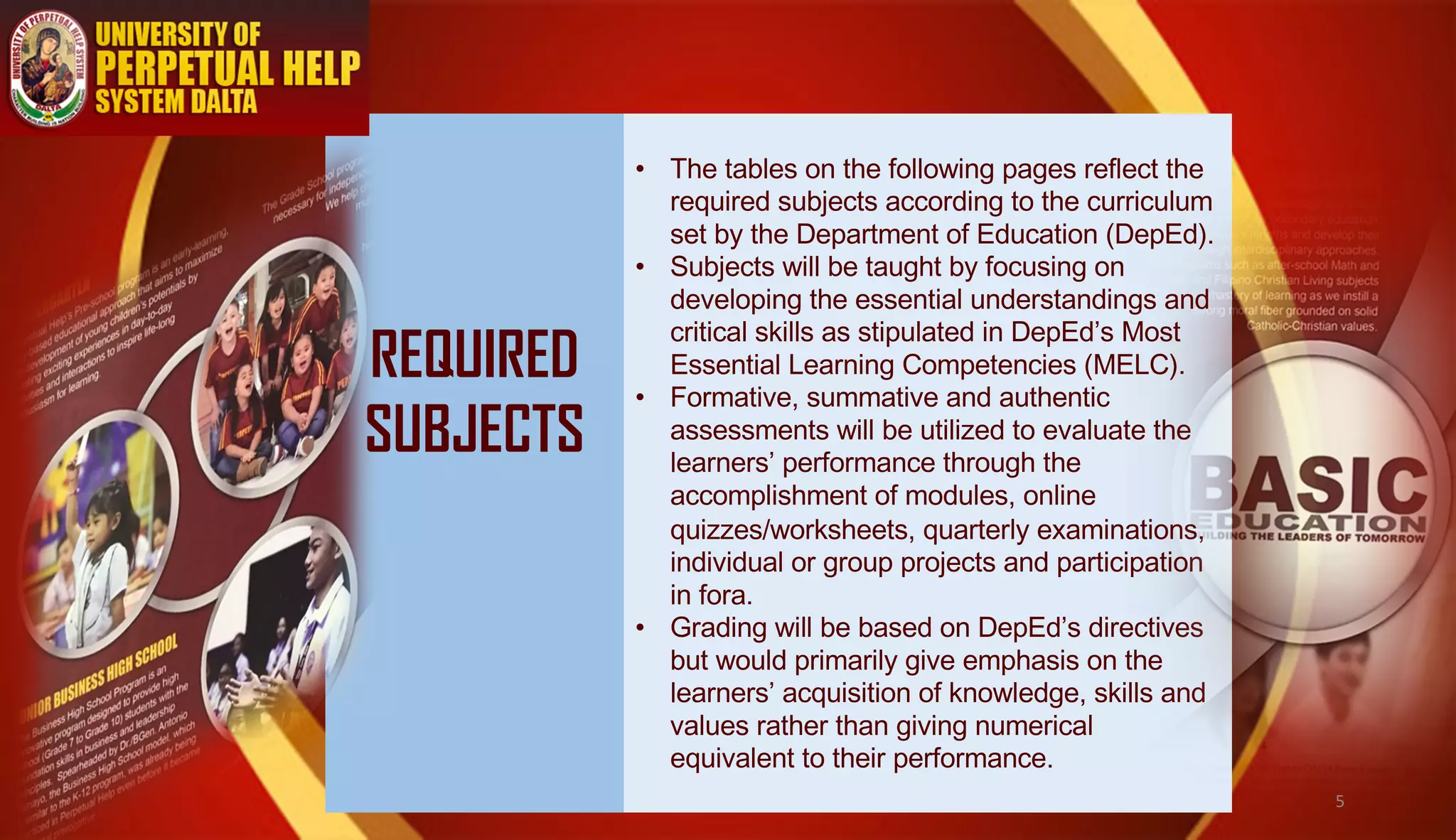 REQUIRED
SUBJECTS
• The tables on the following pages reflect the
required subjects according to the curriculum
set by the Department of Education (DepEd).
• Subjects will be taught by focusing on
developing the essential understandings and
critical skills as stipulated in DepEd’s Most
Essential Learning Competencies (MELC).
• Formative, summative and authentic
assessments will be utilized to evaluate the
learners’ performance through the
accomplishment of modules, online
quizzes/worksheets, quarterly examinations,
individual or group projects and participation
in fora.
• Grading will be based on DepEd’s directives
but would primarily give emphasis on the
learners’ acquisition of knowledge, skills and
values rather than giving numerical
equivalent to their performance.
5
 