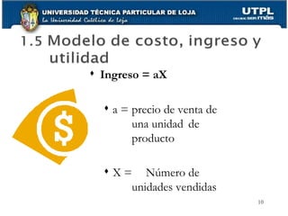 Ingreso = aX a =  precio de venta de  una unidad de  producto X =  Número de  unidades vendidas 