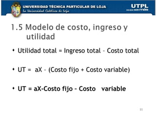 Utilidad total = Ingreso total – Costo total UT =  aX – (Costo fijo + Costo variable) UT = aX-Costo fijo – Costo  variable 