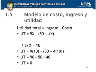 Utilidad total = Ingreso - Costo UT = 9X – (50 + 4X) Si X =  10 UT = 9(10) – (50 + 4(10)) UT = 90 – 50 – 40 UT = 0 