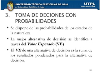 Se dispone de las probabilidades de los estados de la naturaleza La mejor alternativa de decisión se identifica a través del  Valor Esperado  (VE) El  VE   de una alternativa de decisión es la suma de los resultados ponderados para la alternativa de decisión. 