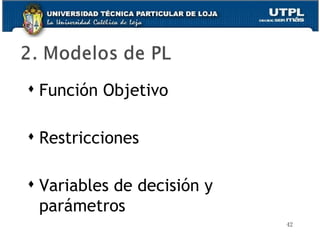 Función Objetivo Restricciones Variables de decisión y parámetros 