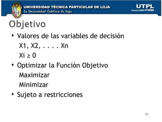Valores de las variables de decisión X1, X2, . . . . Xn Xi  ≥ 0 Optimizar la Función Objetivo Maximizar Minimizar Sujeto a restricciones 
