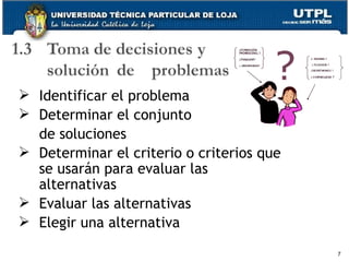 Identificar el problema Determinar el conjunto de soluciones Determinar el criterio o criterios que se usarán para evaluar las alternativas Evaluar las alternativas Elegir una alternativa 
