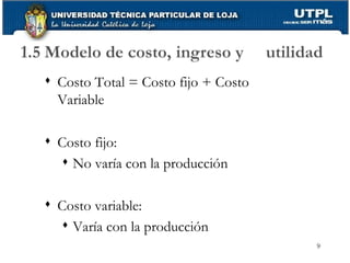 Costo Total = Costo fijo + Costo  Variable Costo fijo: No varía con la producción Costo variable: Varía con la producción 