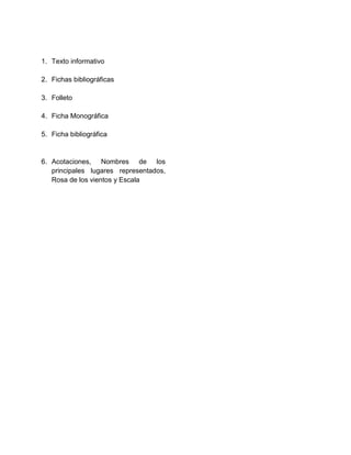 1. Texto informativo

2. Fichas bibliográficas

3. Folleto

4. Ficha Monográfica

5. Ficha bibliográfica


6. Acotaciones, Nombres de los
   principales lugares representados,
   Rosa de los vientos y Escala
 