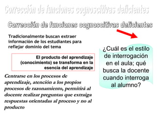 ¿Cuál es el estilo de interrogación en el aula; qué busca la docente cuando interroga al alumno? Corrección de funciones cognoscitivas deficientes Tradicionalmente buscan extraer información de los estudiantes para reflejar dominio del tema  El producto del aprendizaje (conocimiento) se transforma en la esencia del aprendizaje Centrarse en los procesos de aprendizaje, atención a los propios procesos de razonamiento, permitirá al docente realizar preguntas que extraiga respuestas orientadas al proceso y no al producto Corrección de funciones cognoscitivas deficientes 