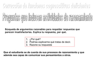 Preguntas que inducen actividades de razonamiento Búsqueda de argumentos razonables para respaldar respuestas que parecen insatisfactorias. Explica tu respuesta, por qué. ¿Por qué? Podrías explicarme qué tratas de decir. Razone su respuesta Que el estudiante se de cuenta de sus procesos de razonamiento y que además sea capaz de comunicar sus pensamientos a otros. Corrección de funciones cognoscitivas deficientes 