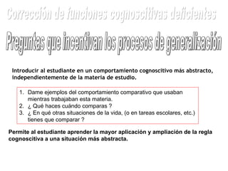 Preguntas que incentivan los procesos de generalización Introducir al estudiante en un comportamiento cognoscitivo más abstracto, independientemente de la materia de estudio. Dame ejemplos del comportamiento comparativo que usaban mientras trabajaban esta materia. ¿ Qué haces cuándo comparas ? ¿ En qué otras situaciones de la vida, (o en tareas escolares, etc.) tienes que comparar ?  Permite al estudiante aprender la mayor aplicación y ampliación de la regla cognoscitiva a una situación más abstracta.  Corrección de funciones cognoscitivas deficientes 