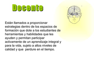 Docente Están llamados a proporcionar estrategias dentro de los espacios de formación que dote a los estudiantes de herramientas y habilidades que les ayuden y permitan participar activamente de un aprendizaje integral y para la vida, sujeto a altos niveles de calidad y que  perdure en el tiempo. 