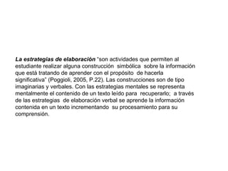 La estrategias de elaboración  “son actividades que permiten al estudiante realizar alguna construcción  simbólica  sobre la información que está tratando de aprender con el propósito  de hacerla  significativa” (Poggioli, 2005, P.22). Las construcciones son de tipo imaginarias y verbales. Con las estrategias mentales se representa mentalmente el contenido de un texto leído para  recuperarlo;  a través de las estrategias  de elaboración verbal se aprende la información contenida en un texto incrementando  su procesamiento para su comprensión.  
