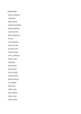 Elaborat per:
GISELA AMADOR
JAUME BEL
ABRIL BOVER
NAIARA CALDERÓN
ÈRIKA CARNICAS
ALICIA DE PINA
MARC GARGALLO
POL GIL
LYDIA GONZÁLE
PAULA GUTIÉR
SELENE GUTIÉ
HÉCTOR HIDAL
ANIOL JUANHUIX
ARNAU LLOB
ADIN MAHI
BERTA MAYÀ
ÈRIC MOLIST
JOEL OLIVERA
ROGER PÉREZ
MÓNICA PRIETO
ELIA RAMOS
EMMA SAD
MARCO SÁN
ÍKER TERRÓN
ISSAC VILAR
UNAI WILSON
 