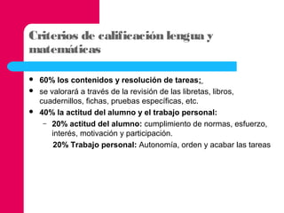 Criterios de calificación lengua y
matemáticas





60% los contenidos y resolución de tareas:
se valorará a través de la revisión de las libretas, libros,
cuadernillos, fichas, pruebas específicas, etc.
40% la actitud del alumno y el trabajo personal:
– 20% actitud del alumno: cumplimiento de normas, esfuerzo,
interés, motivación y participación.
20% Trabajo personal: Autonomía, orden y acabar las tareas

 