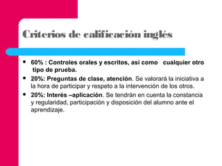Criterios de calificación inglés






60% : Controles orales y escritos, así como cualquier otro
tipo de prueba.
20%: Preguntas de clase, atención. Se valorará la iniciativa a
la hora de participar y respeto a la intervención de los otros.
20%: Interés –aplicación. Se tendrán en cuenta la constancia
y regularidad, participación y disposición del alumno ante el
aprendizaje.

 