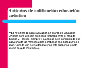 Criterios de calificación educación
artística

La

nota final de cada evaluación en el área de Educación
Artística será la media aritmética realizada entre el área de
Música y Plástica, siempre y cuando se de la condición de que
cada una de las materias estén aprobadas con cinco puntos o
más. Cuando una de las dos materias esté suspensa la nota
media será de Insuficiente.

 