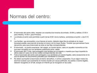 Normas del centro:












El alumnado del centro debe respetar con exactitud los horarios de entrada (9:00h) y salidas (13:55 h
para Infantil y 14:00 h para Primaria).
La entrada al centro será permitida a partir de las 8:50 h de la mañana, cerrándose el portón a las 9:10
h.
Las familias que acompañen a sus hijos/as al centro, deberán dejar libre la entrada en la mayor
brevedad posible, para permitir el acceso al mismo con la mayor fluidez. Tendrán que permanecer fuera
del porche, para que el alumnado se sitúe en las filas correspondientes.
El alumnado , no podrá ausentarse del colegio, en horario lectivo, salvo en aquellos momentos en los
que sean recogidos por sus familiares justificando dicha salida.
El alumnado del 1º ciclo, será entregado a las familias por el maestro o maestra que haya impartido la
última clase en cada uno de los niveles correspondientes del ciclo.
Todo el alumnado del centro será entregado a sus familiares y/o tutores legales, salvo excepciones en la
que se aporten los documentos judiciales que manifiesten lo contrario.
No deben acompañar al alumnado al interior del edificio, ni entrar a esperarlos. Si por algún motivo los
alumnos tuviesen que ausentarse en horario escolar por causa justificada, los padres o tutores legales,
deberán recogerlos en el hall, excepto en Infantil que se recogerán en las aulas.

 