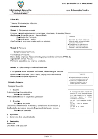 Ministerio de Educación 
Gobierno de la Provincia 
Santiago del Estero 
Página 101 
2012 – “Año Homenaje al Dr. D. Manuel Belgrano” 
Área de Educación Técnica 
Primer Año 
Taller de Administración y Gestión I 
ContenidosMínimos 
Unidad 1: Cómo es una empresa 
Empresa: concepto y clasificación (comerciales, industriales y de servicios) Bienes: clasificación ( de cambio, de uso y disponibilidad) 
Constitución del Patrimonio 
Patrimonio activo y pasivo 
Clasificación de empresas zonales según su actividad. 
Unidad 2: Patrimonio 
Sugerencia: 
Elaboración de un informe escrito de los bienes que poseen las empresas elegidas por medio de visitas virtuales. Organización de un book con recortes periodísticos relacionados a empresas nacionales y clasificación de sus bienes Componentes del patrimonio. 
Condición de comerciante. 
Bienes de las empresas. Reconocimiento y comparación del patrimonio. PYME. Su organización. Activos. Pasivos. 
Patrimonio o capital de una empresa constituida. 
Unidad 3: Operaciones y documentos comerciales 
Ciclo operativo de las empresas: industriales, comerciales y de servicios 
Operaciones comerciales: compra, venta, pago y cobro. Documentos comerciales: concepto e importancia. 
Unidad 4: Proyecto 
Fases del desarrollo 
1. Estudio: 
Análisis de situación problemática 
Planteo de soluciones 
Análisis de factibilidad de los planteos y selección 
2. Creación 
Croquis de la solución 
Descripción de elementos, materiales y dimensiones Enumeración y detalles de las técnicas de ejecución Organización de tareas y tiempos 
Cómputo de materiales 
3. Ejecución Concreción de la solución elegida 
4. Evaluación 
Análisis de: 
Dificultades en la ejecución 
Sugerencia: 
Diagramación del ciclo operativo de las empresas reconocidas anteriormente. 
Clasificación y cumplimentación de documentos comerciales según las distintas operaciones comerciales 
El presente proyecto: Estará enfocado sobre productos que puedan elaborar los alumnos en el taller basados en los materiales, herramientas, pautas y métodos enunciados en los contenidos. 
Las fases 1 y 2 se trabajarán en forma grupal 
La fase 3 será de desarrollo individual 
La fase 4 en ambos formatos.  